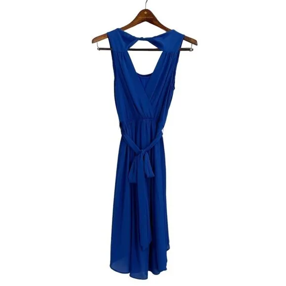 NWT Express Royal Blue High Low Belted Sleeveless Dress Womens Size XS Open Back