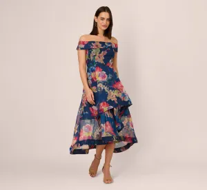 Off Shoulder Floral Organza High Low Dress In Navy Multi