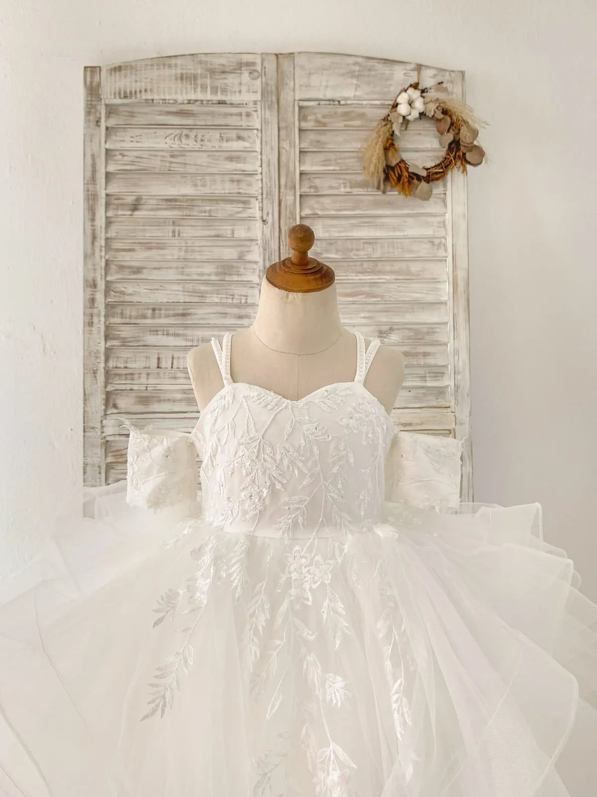 Off Shoulder Ivory Lace Tulle Straps Corset Back Horsehair Wedding Flower Girl Dress
