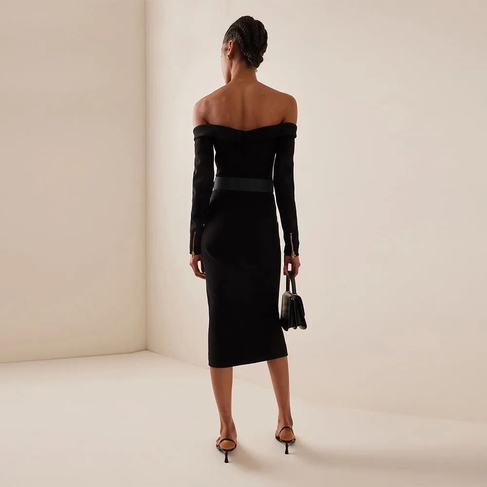 Off Shoulder Long Sleeve Backless Midi Bandage Dress HL9385