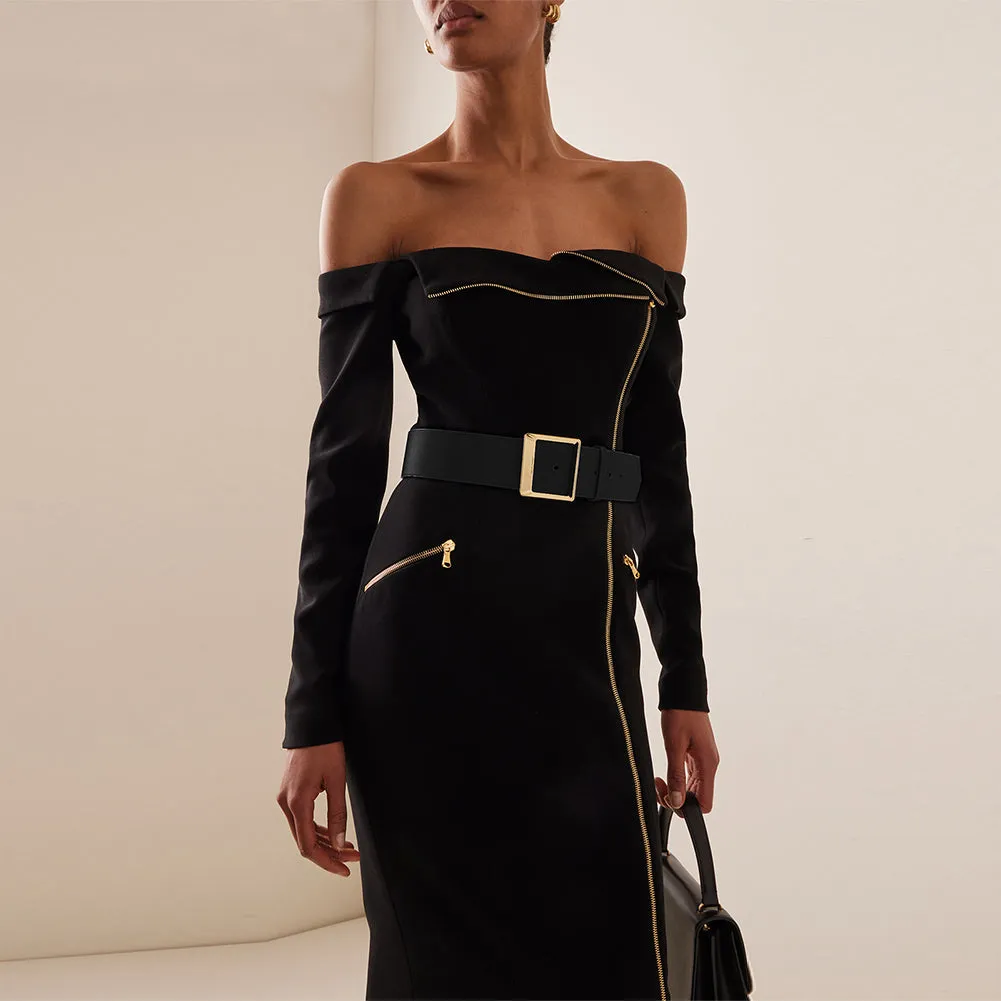 Off Shoulder Long Sleeve Backless Midi Bandage Dress HL9385