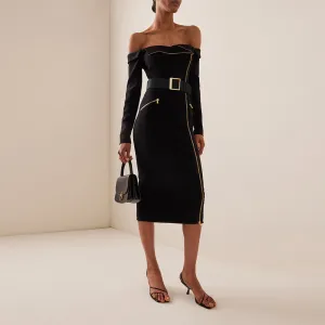 Off Shoulder Long Sleeve Backless Midi Bandage Dress HL9385