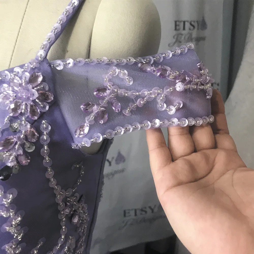 off the shoulder purple prom dresses 2020 beaded crystals elegant lace appliqué prom gown