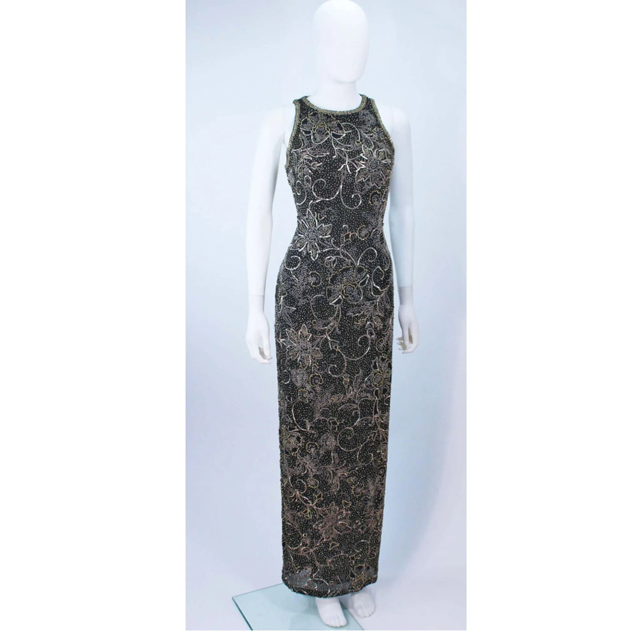 OLEG CASSINI Black and Gold Beaded Gown Size 8