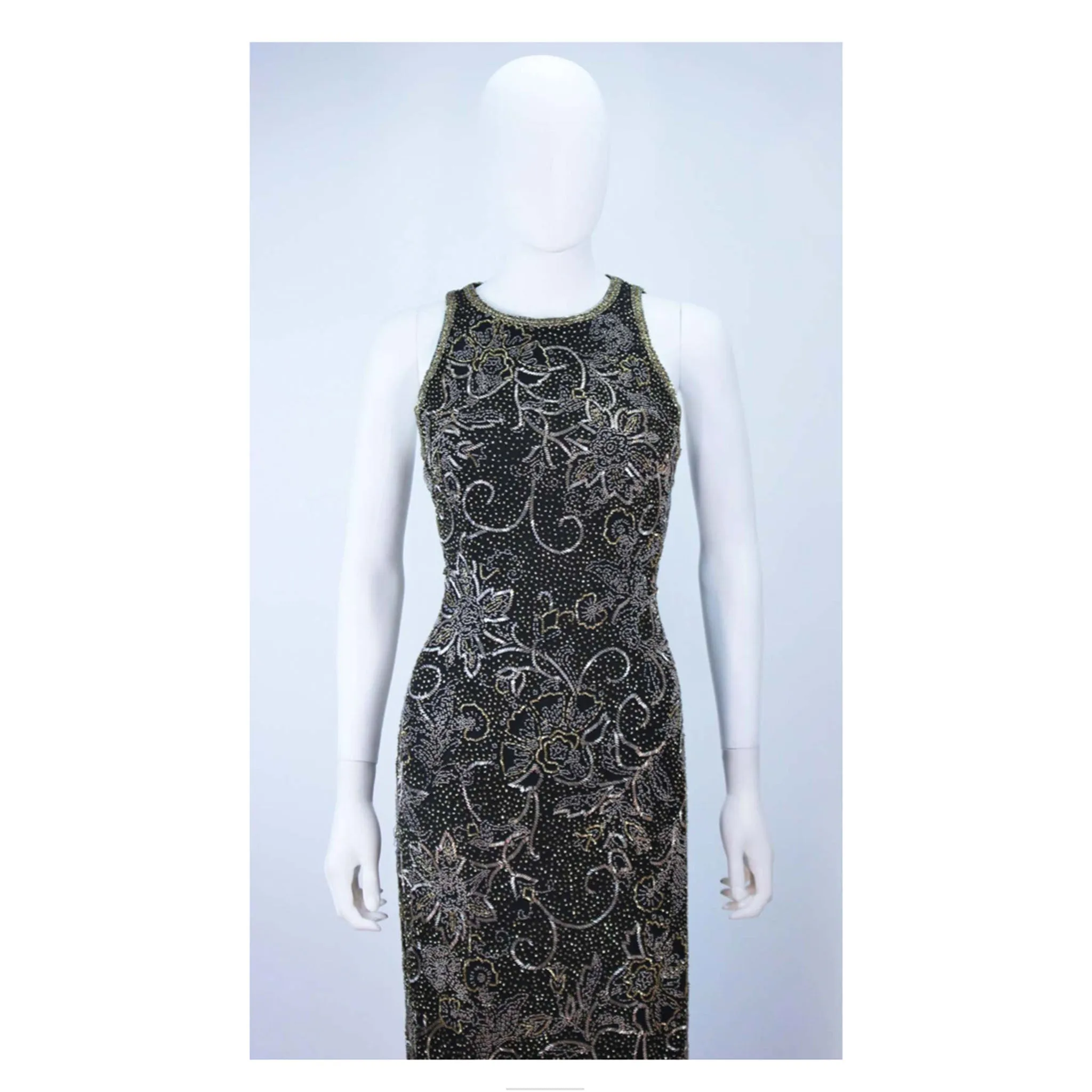 OLEG CASSINI Black and Gold Beaded Gown Size 8