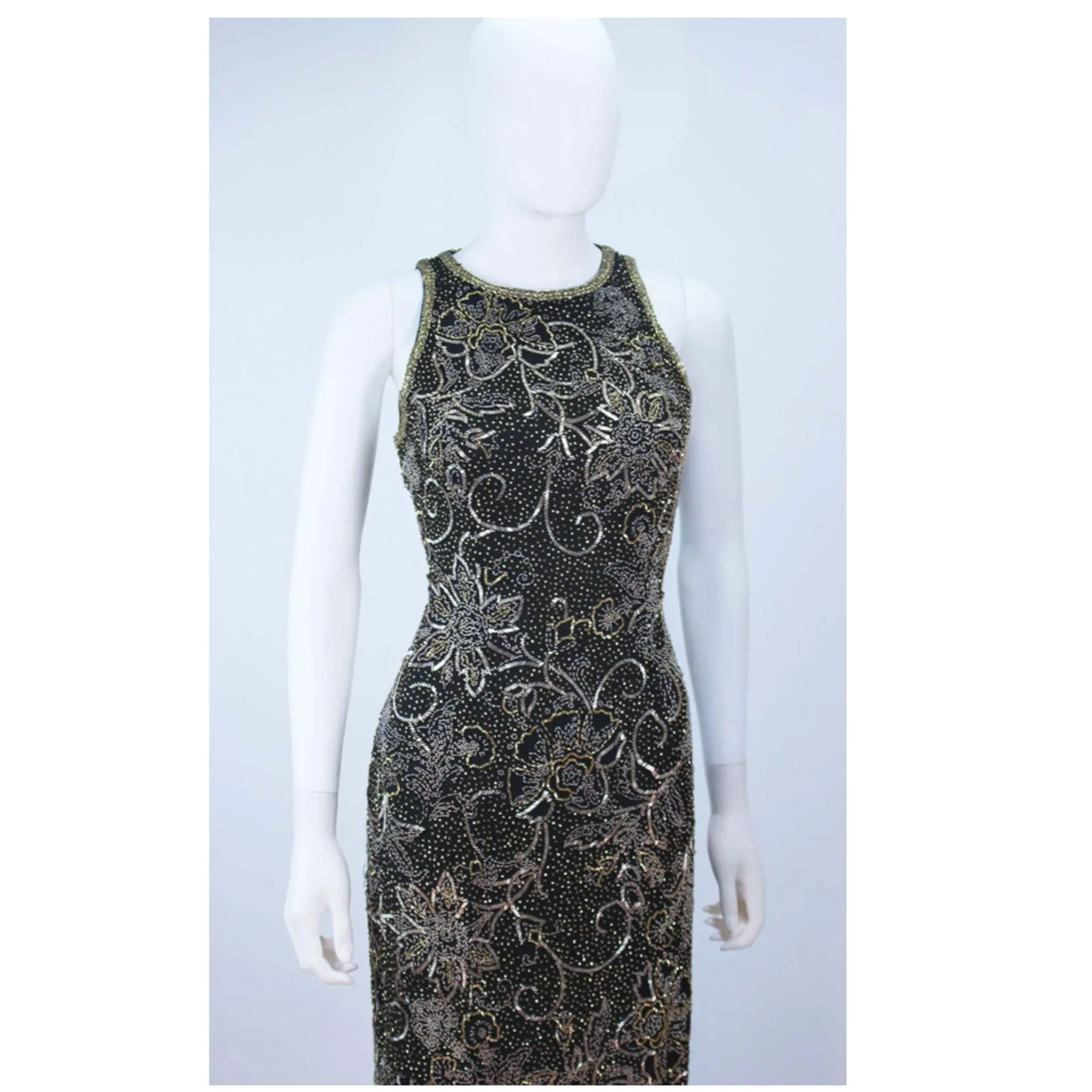 OLEG CASSINI Black and Gold Beaded Gown Size 8