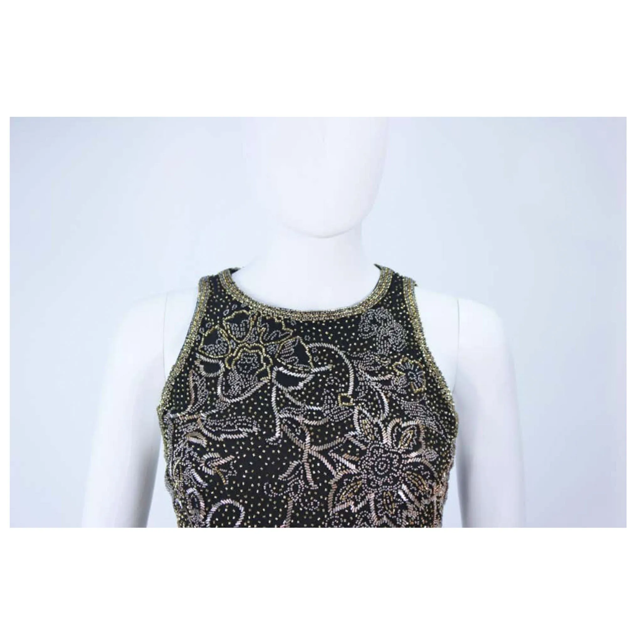 OLEG CASSINI Black and Gold Beaded Gown Size 8
