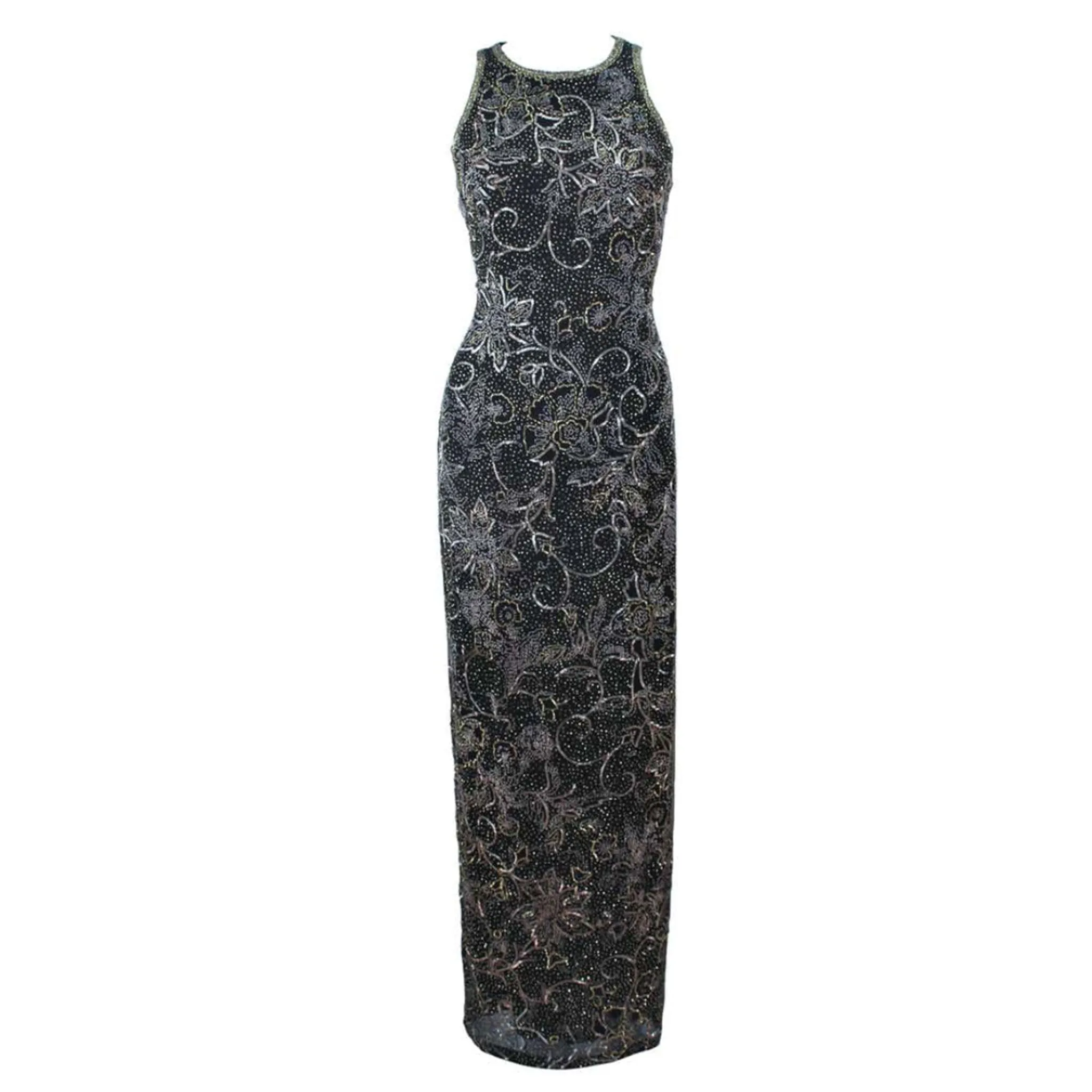 OLEG CASSINI Black and Gold Beaded Gown Size 8