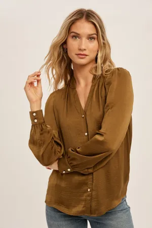 Olive Satin Pearl Button Blouse