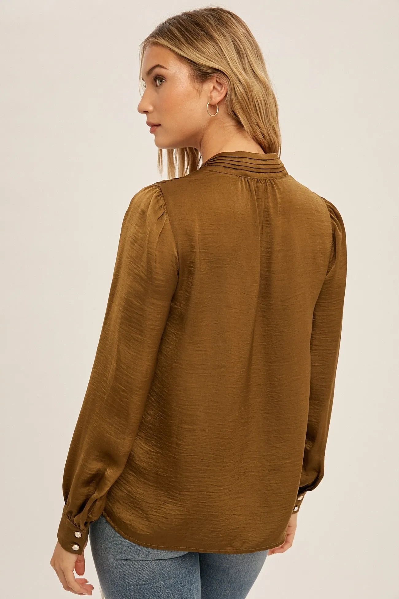Olive Satin Pearl Button Blouse