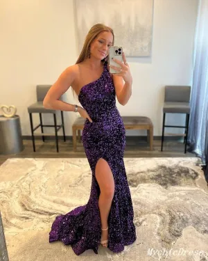 One Shoulder 2025 Sequin Purple Prom Dresses Tighted Mermaid Formal Dress Long