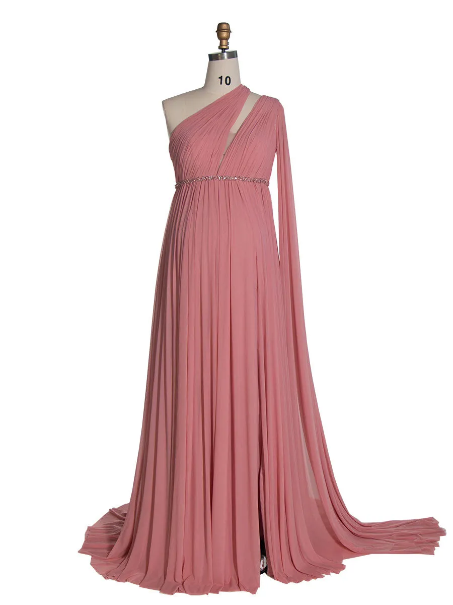 One-Shoulder Cape Sleeve Maternity Babyshower Dress Soft Mesh Maternity Dress Photoshoot #18811-1