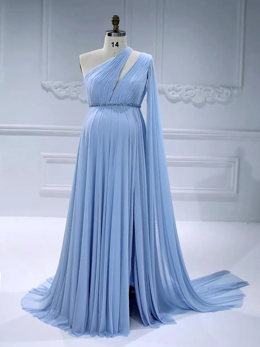 One-Shoulder Cape Sleeve Maternity Babyshower Dress Soft Mesh Maternity Dress Photoshoot #18811-1