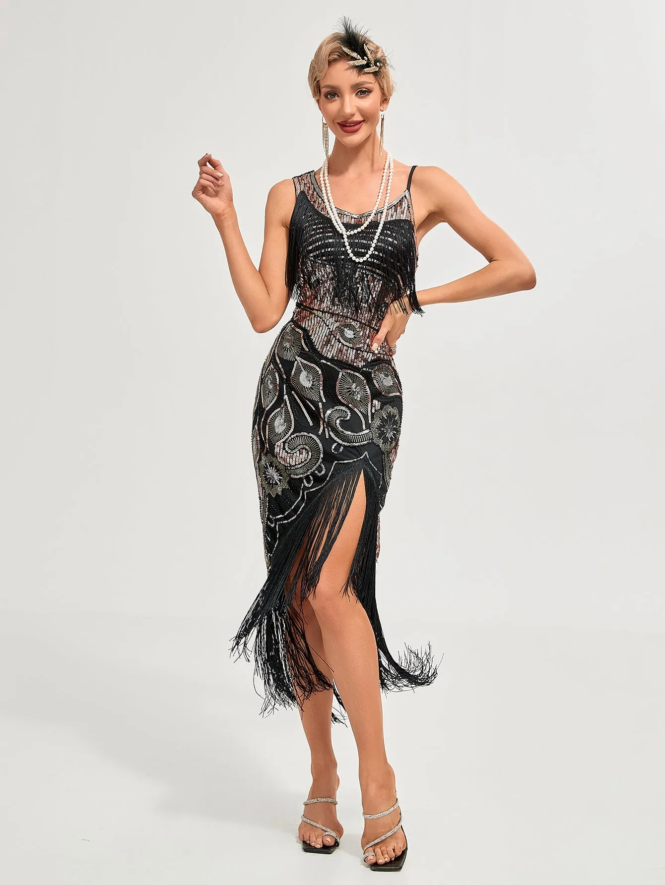 One-shoulder Strap Sequin Irregular Hem Tassel 1920S Gatsby Dress
