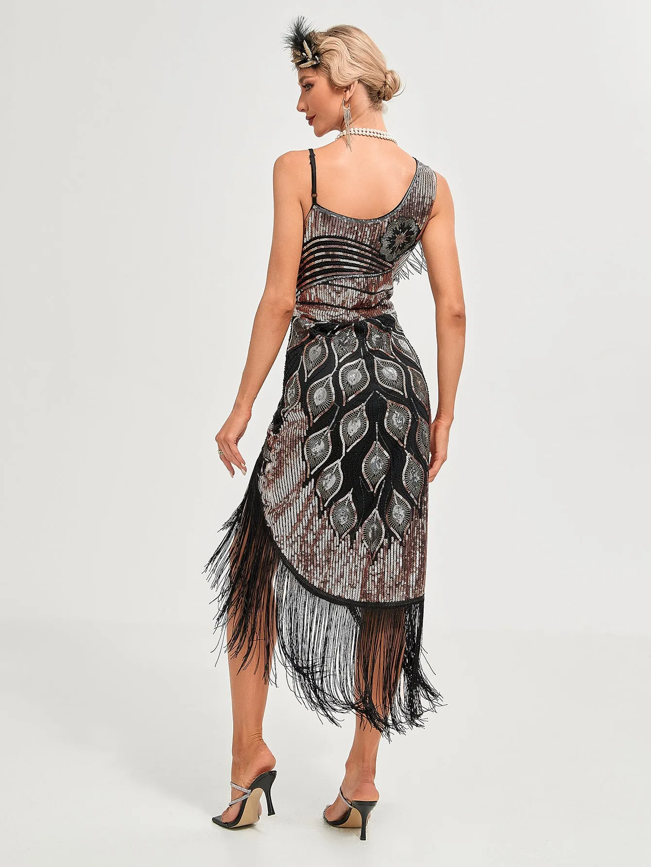 One-shoulder Strap Sequin Irregular Hem Tassel 1920S Gatsby Dress