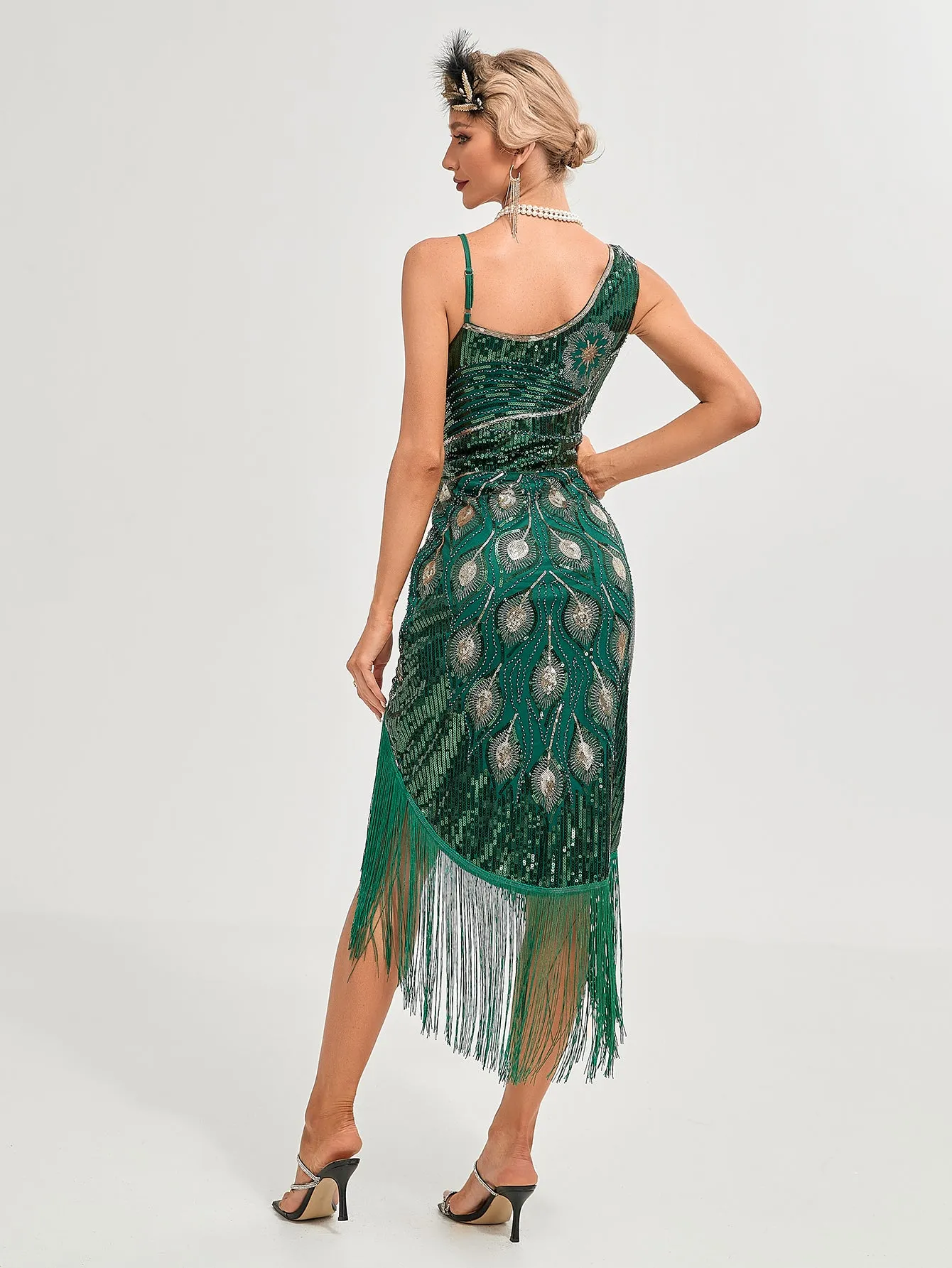 One-shoulder Strap Sequin Irregular Hem Tassel 1920S Gatsby Dress