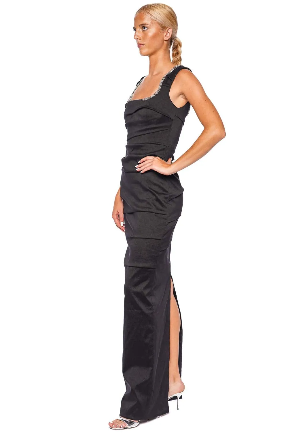 Onyx Black Embellished Ruched Gown