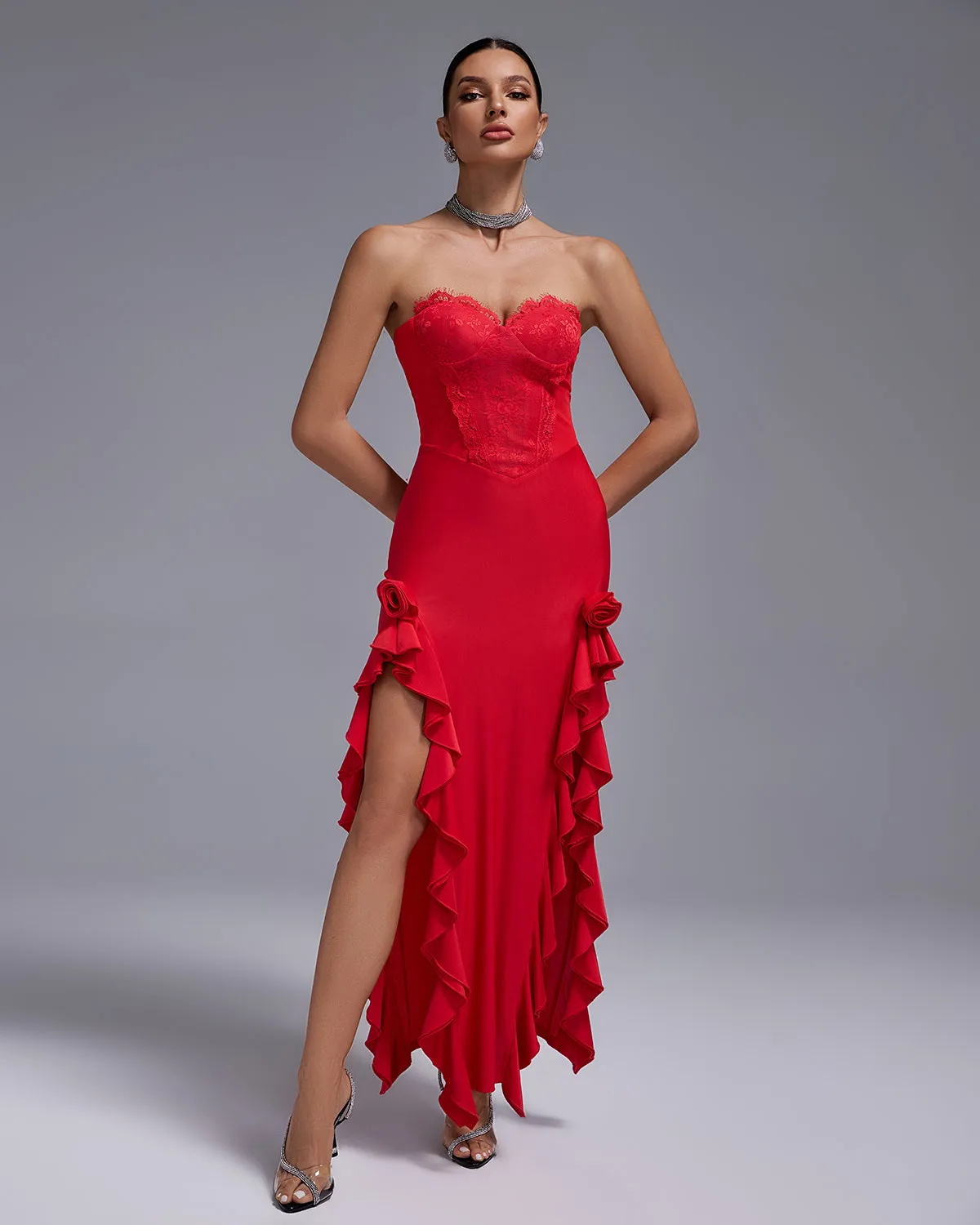 Open Back Lace Bustier Maxi Dress