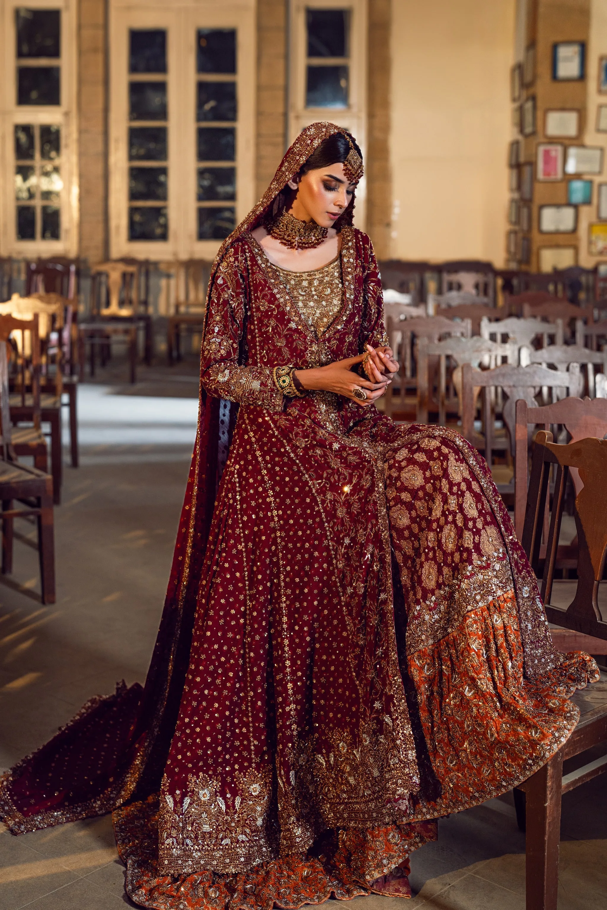 Open Pishwas Lehenga and Dupatta Pakistani Bridal Dress