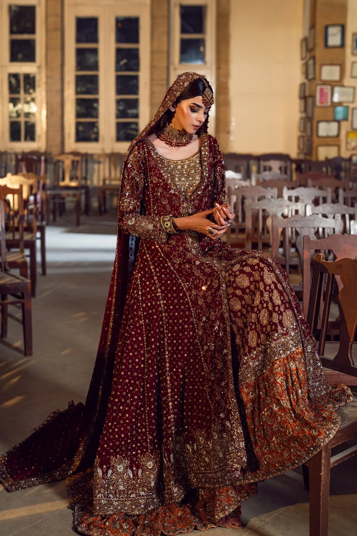 Open Pishwas Lehenga and Dupatta Pakistani Bridal Dress
