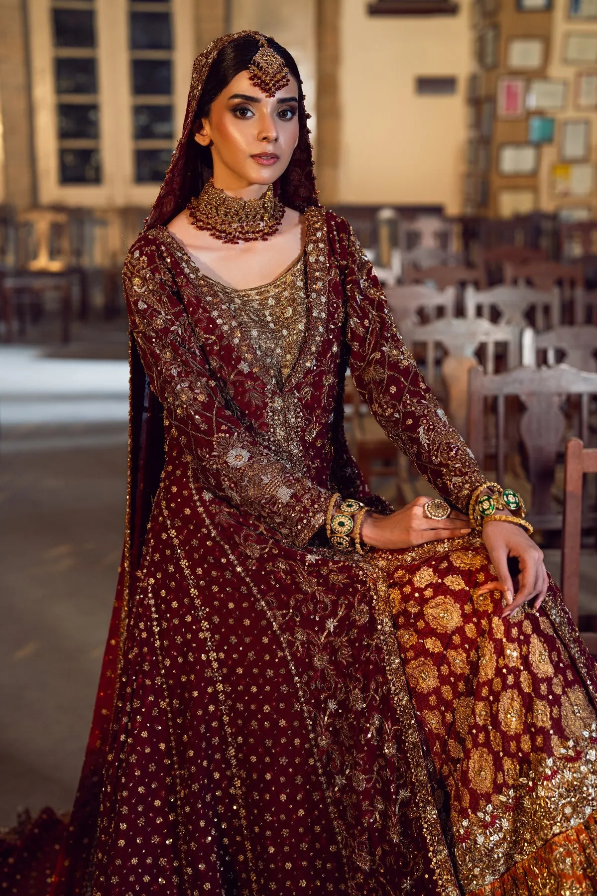 Open Pishwas Lehenga and Dupatta Pakistani Bridal Dress