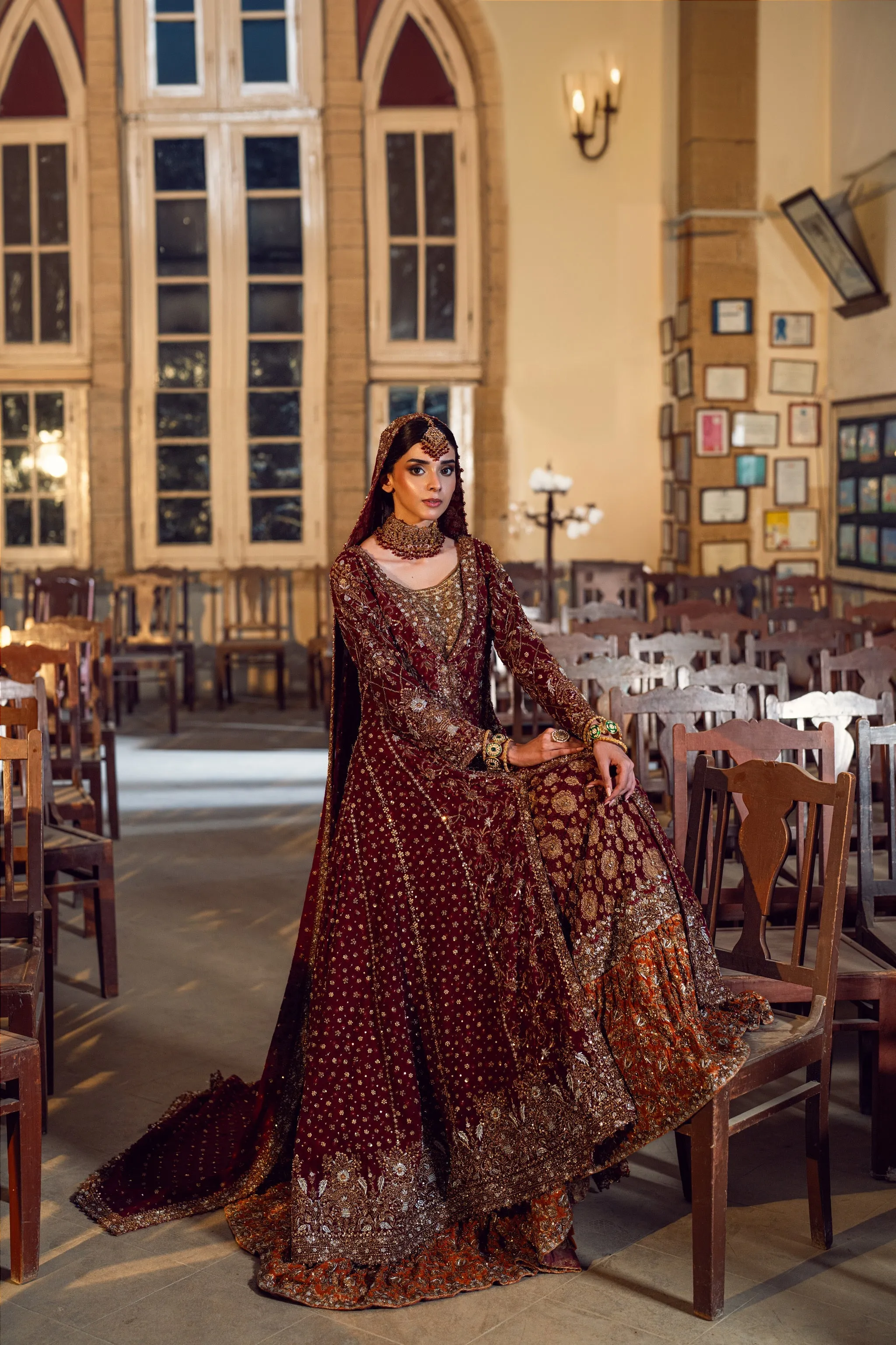 Open Pishwas Lehenga and Dupatta Pakistani Bridal Dress