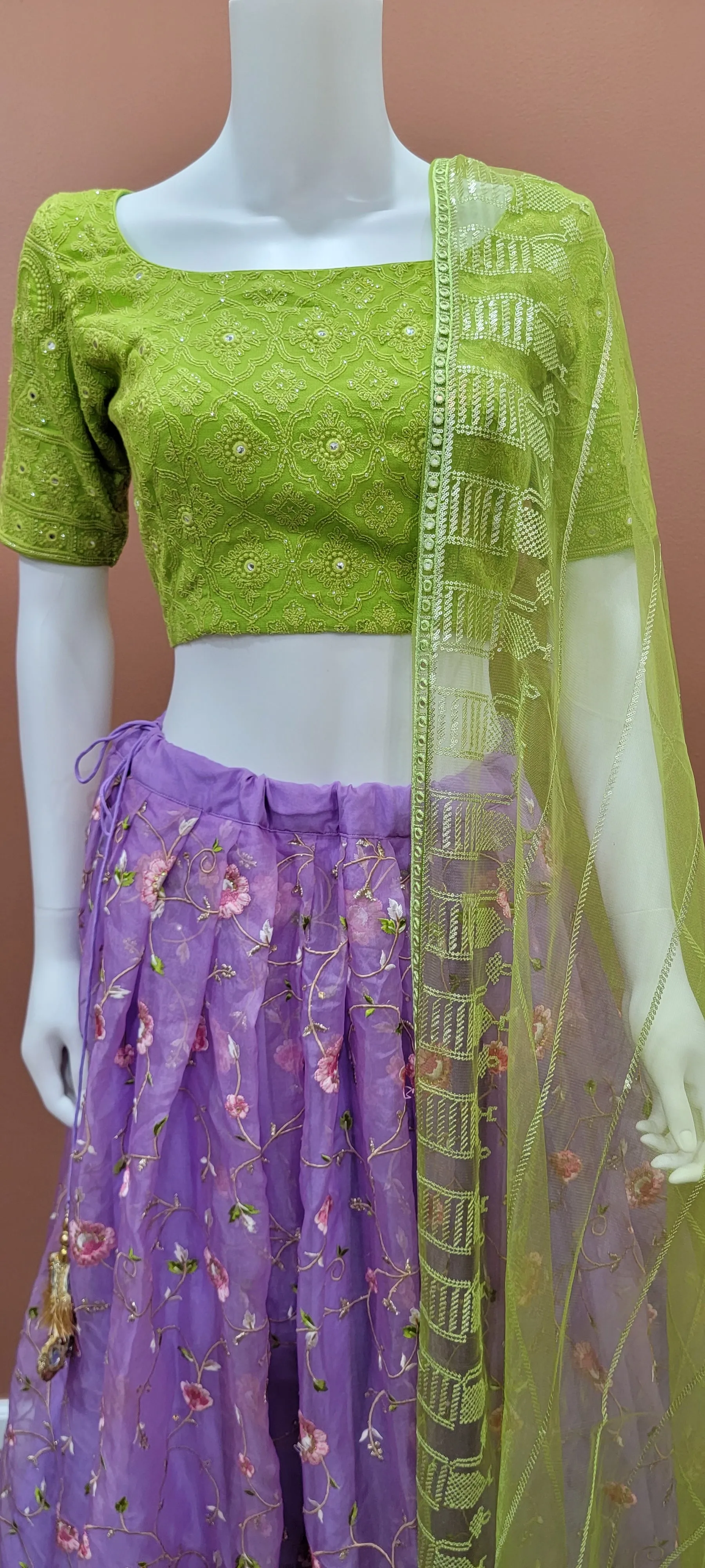 Organza Lehenga Set in Green and Violet