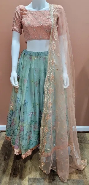Organza Lehenga Set in Pink and Cyan