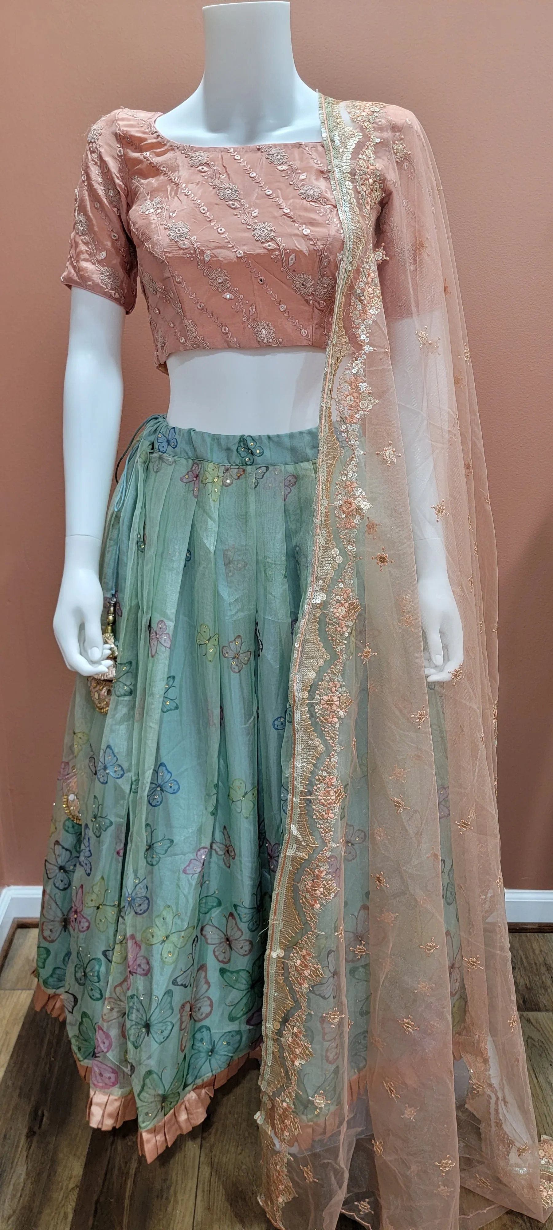 Organza Lehenga Set in Pink and Cyan