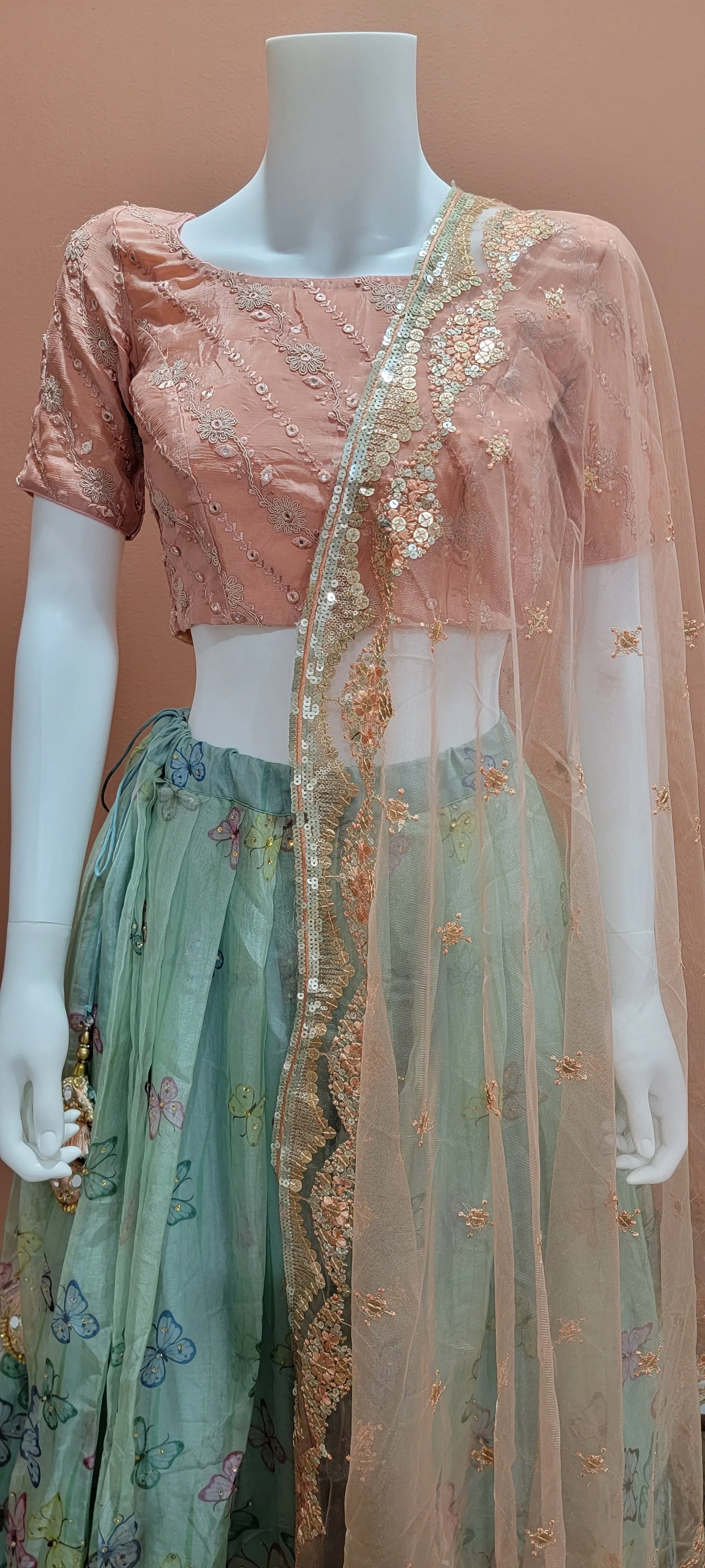 Organza Lehenga Set in Pink and Cyan