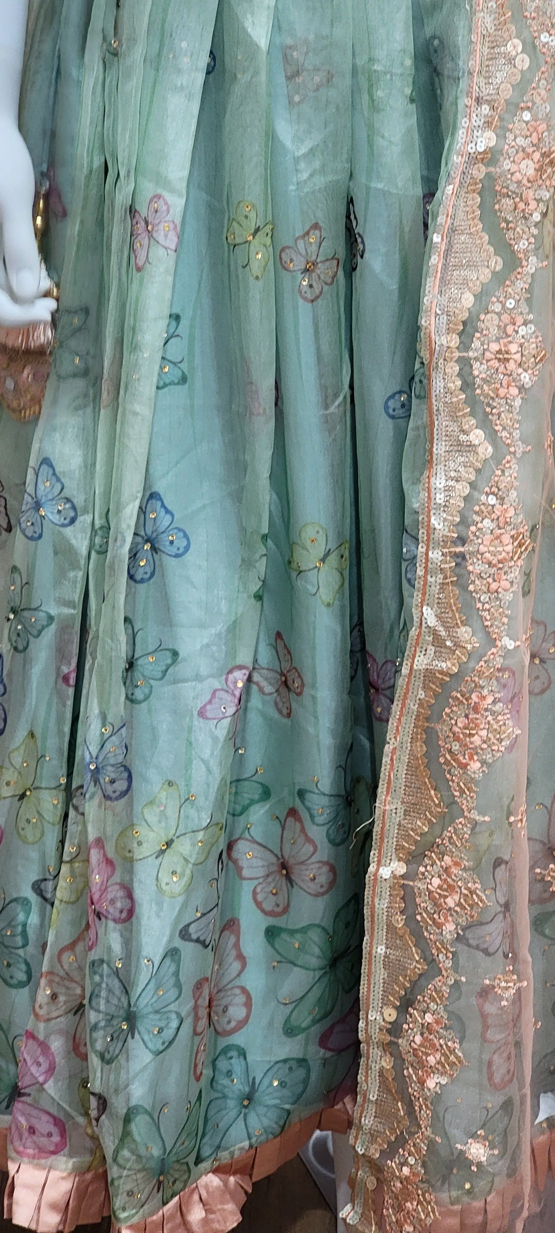 Organza Lehenga Set in Pink and Cyan