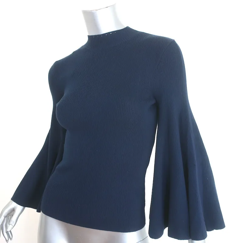 Oscar de la Renta Flared Sleeve Top Navy Stretch Silk Ribbed Knit Size Small NEW
