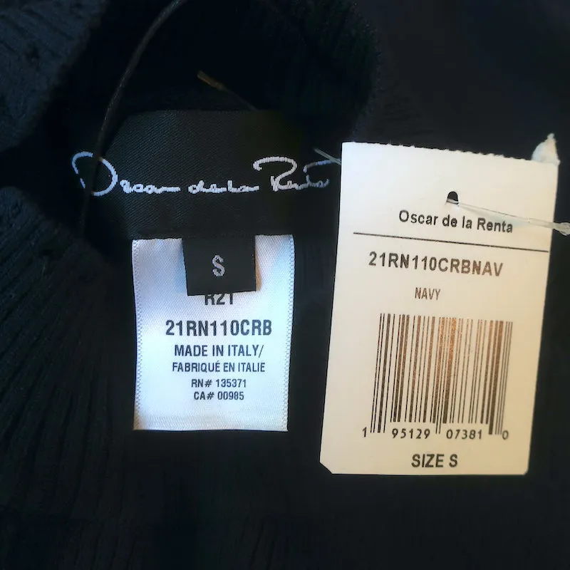 Oscar de la Renta Flared Sleeve Top Navy Stretch Silk Ribbed Knit Size Small NEW