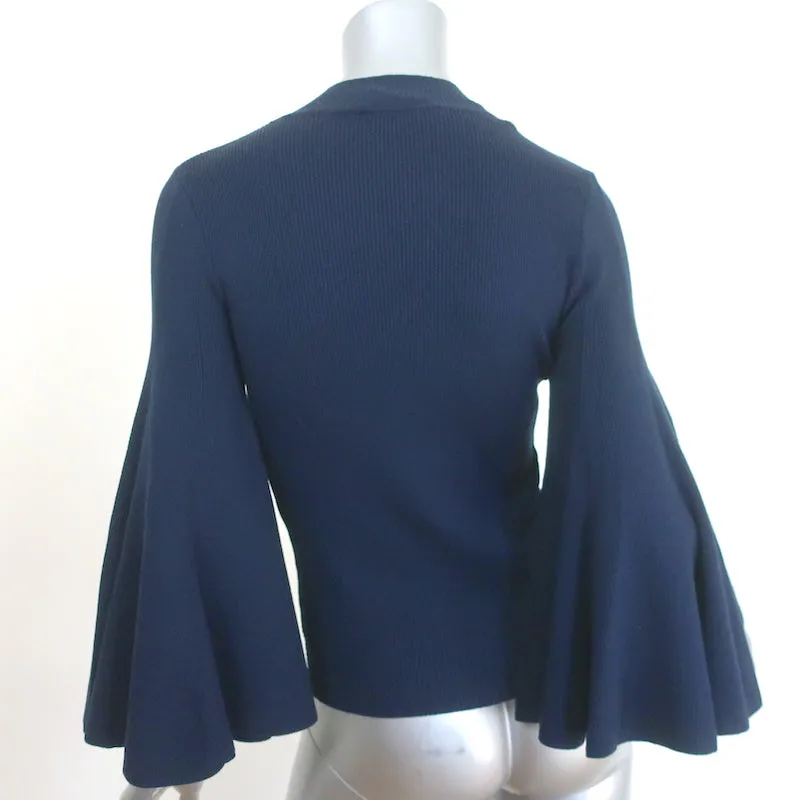Oscar de la Renta Flared Sleeve Top Navy Stretch Silk Ribbed Knit Size Small NEW