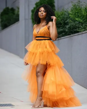 Oyemwen Back to Business Orange High Low Tiered Dress