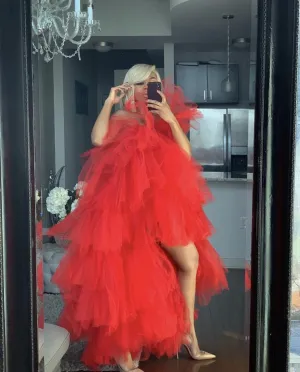 Oyemwen Veronica Tiered High Low Tulle Maxi Tutu Dress Red