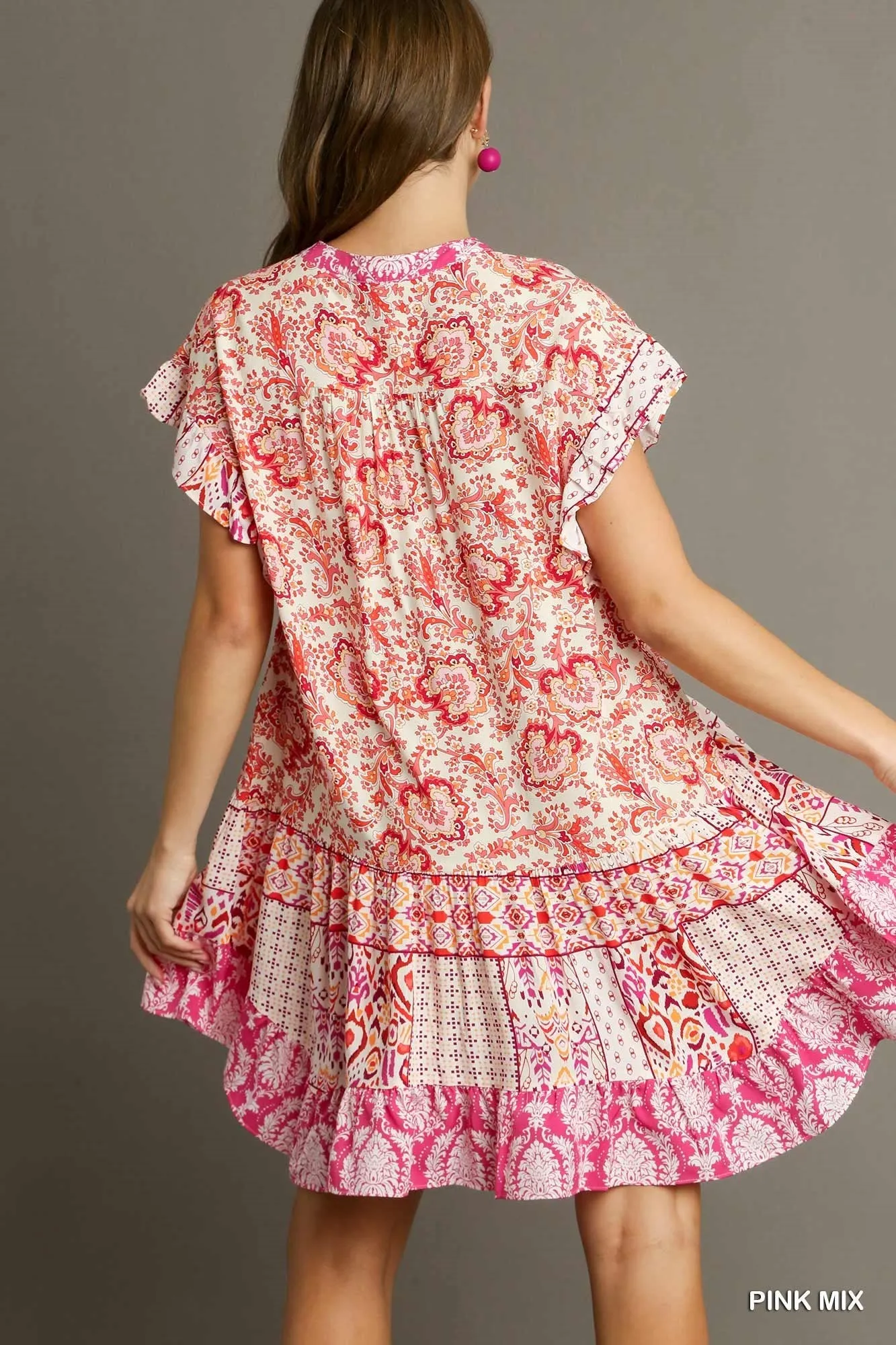 Paige Mixed Print V-Notched High Low Short Ruffle Dress