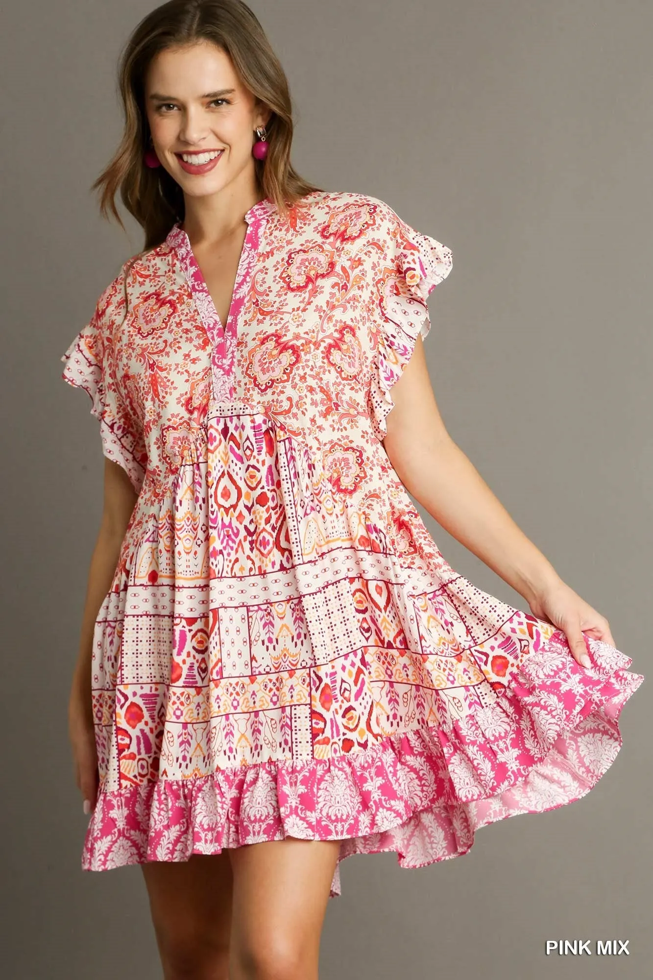 Paige Mixed Print V-Notched High Low Short Ruffle Dress