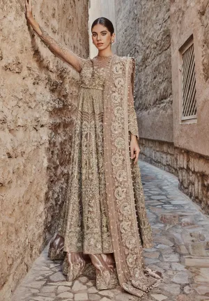 Pakistani Bridal Dress in Golden Lehenga Gown Style