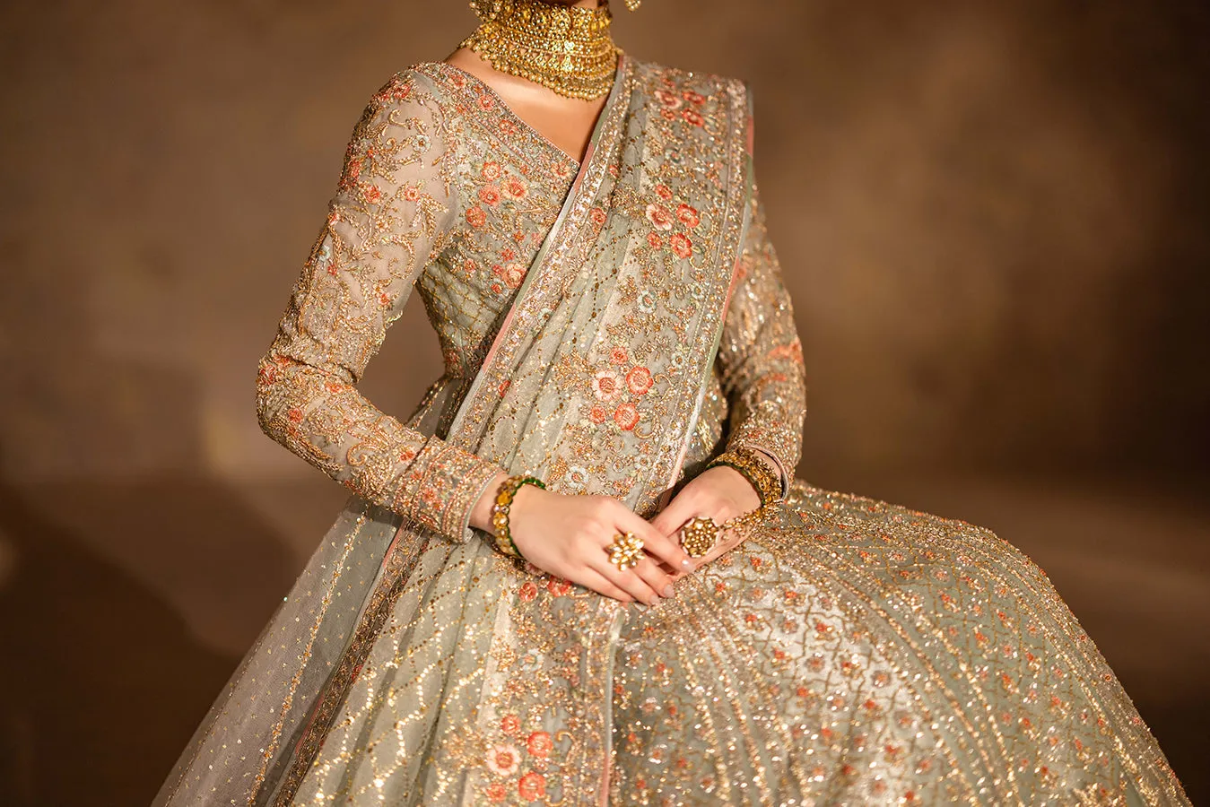 Pakistani Bridal Dress in Gown Lehenga Dupatta Style