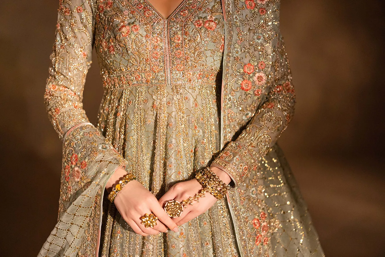 Pakistani Bridal Dress in Gown Lehenga Dupatta Style