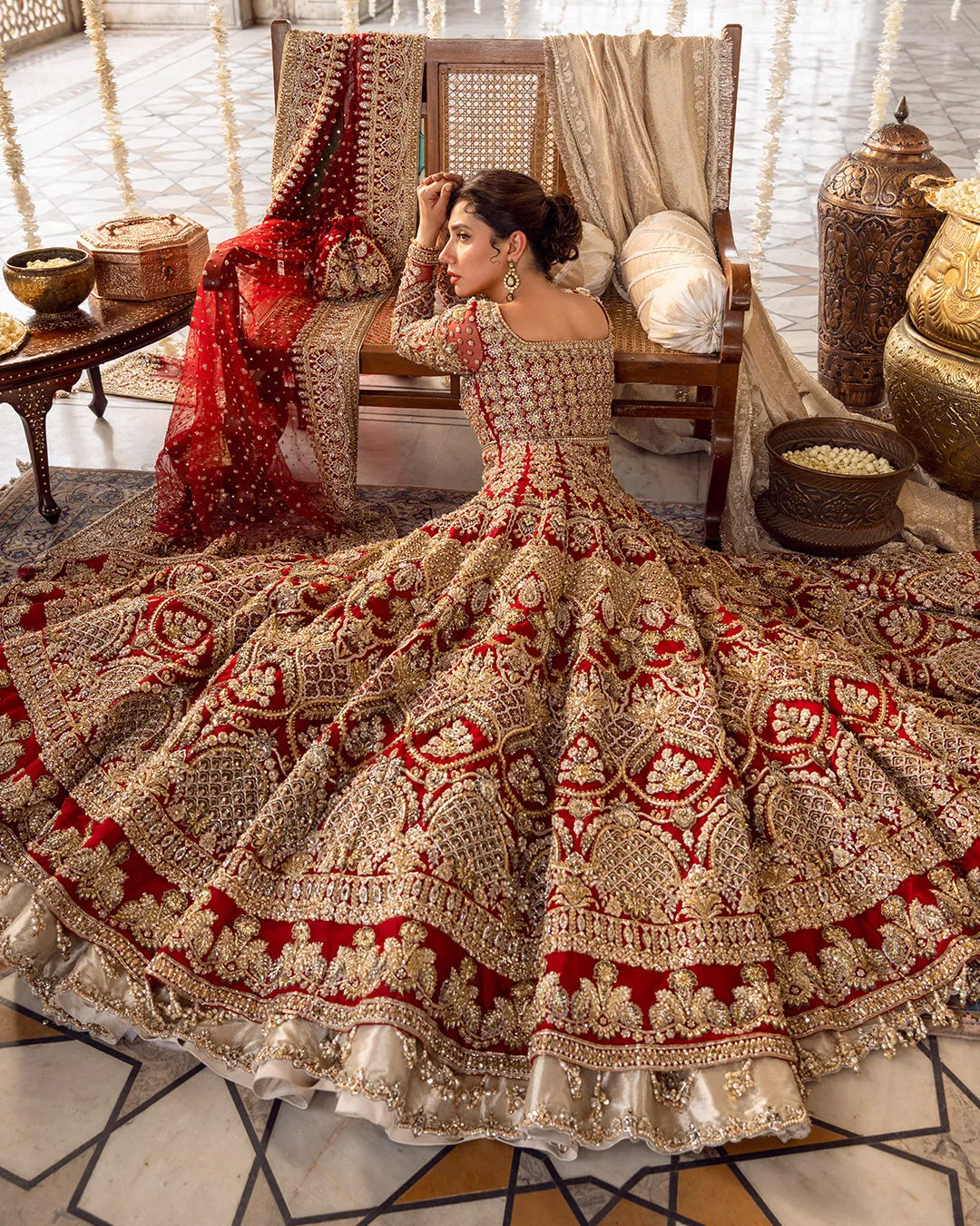 Pakistani Bridal Dress in Open Gown and Lehenga Style