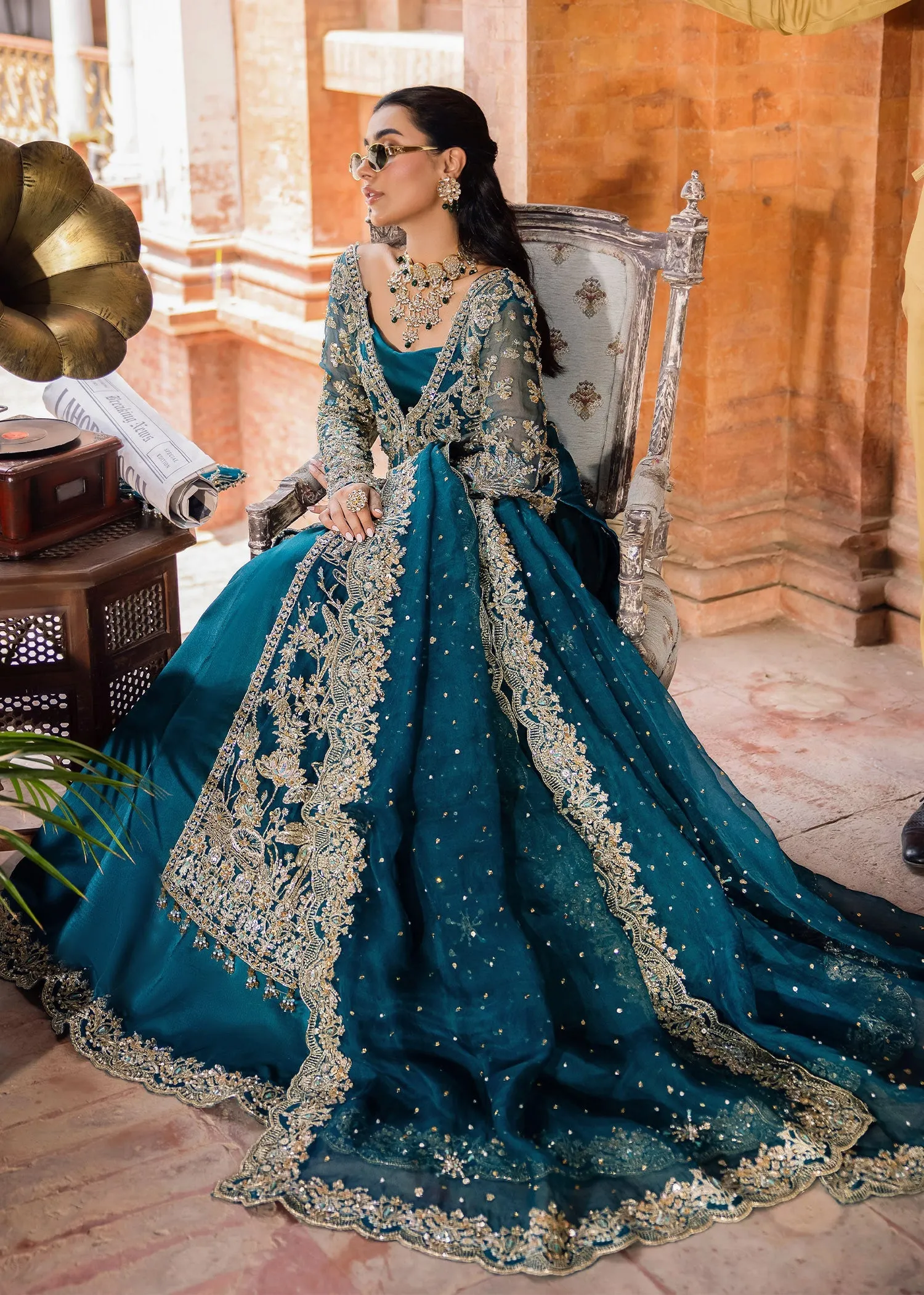Pakistani Bridal Dress in Open Gown Blue Lehenga Style
