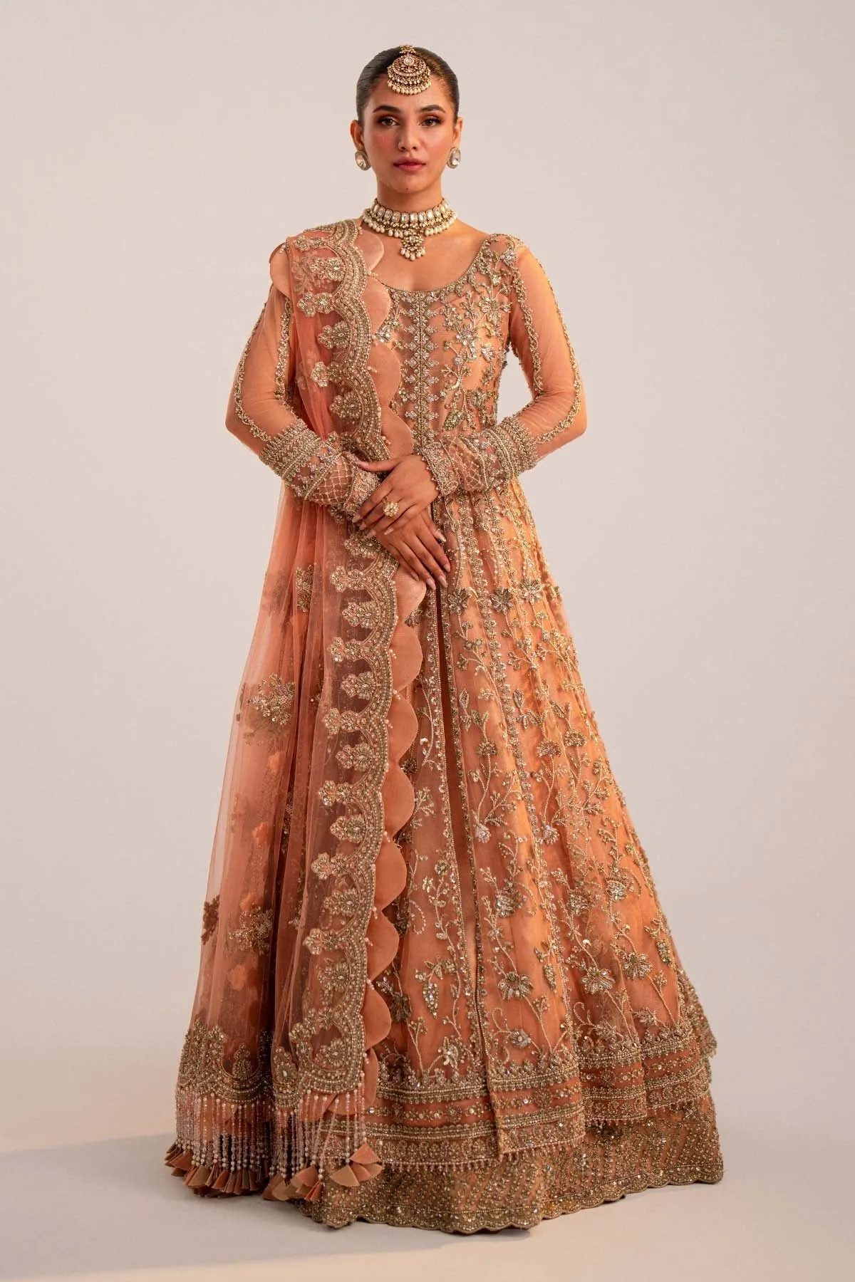 Pakistani Bridal Dress in Peach Lehenga Pishwas Style