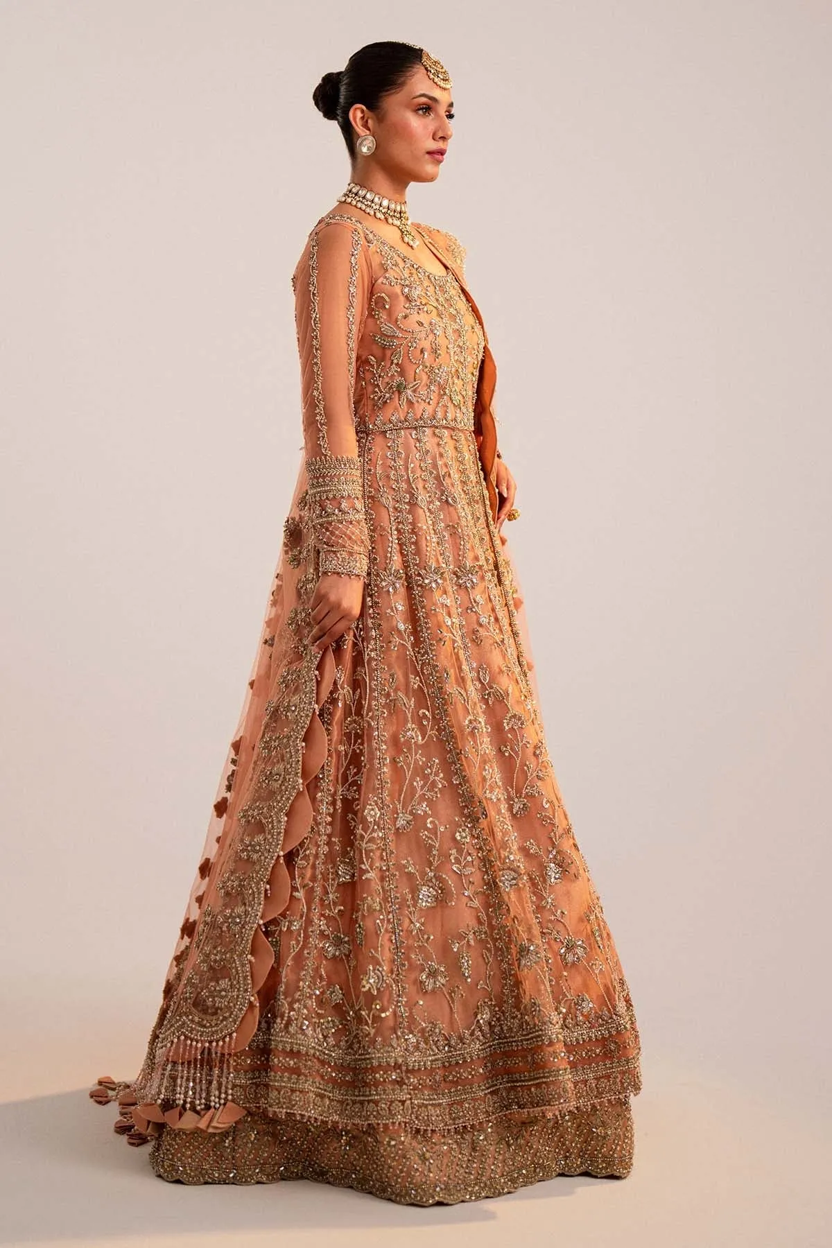 Pakistani Bridal Dress in Peach Lehenga Pishwas Style