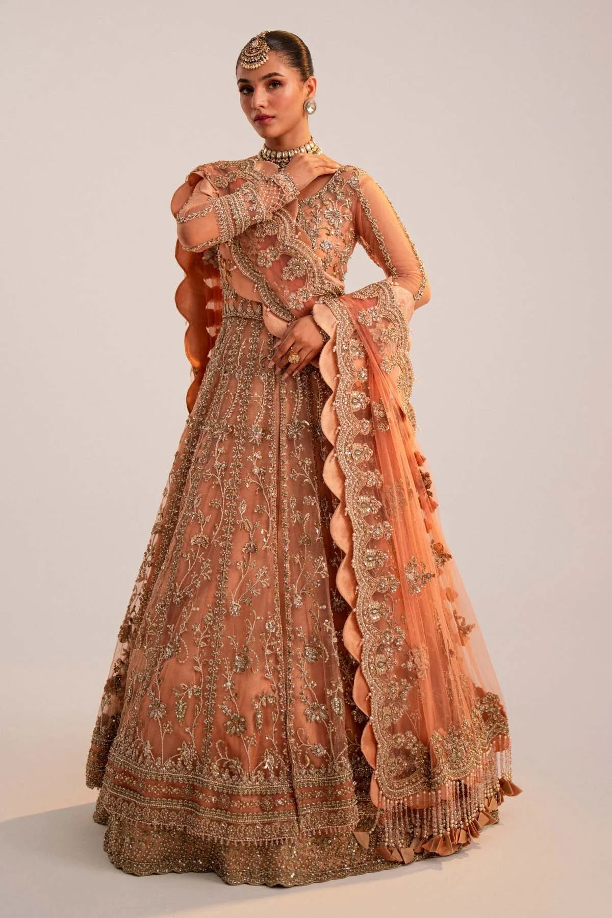 Pakistani Bridal Dress in Peach Lehenga Pishwas Style