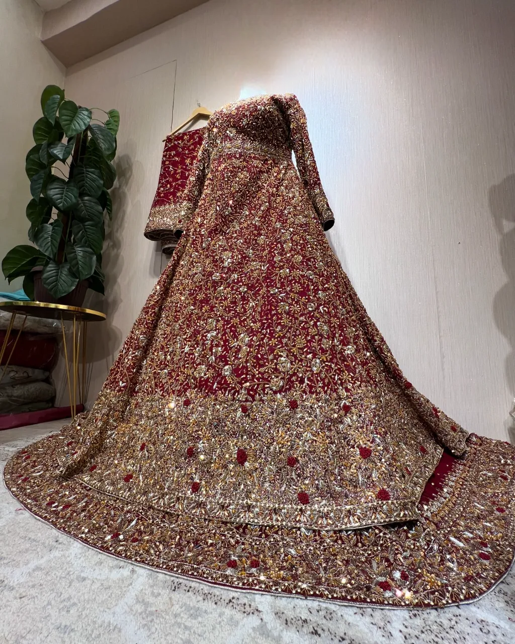 Pakistani Bridal Dress in Pishwas and Red Lehenga Style