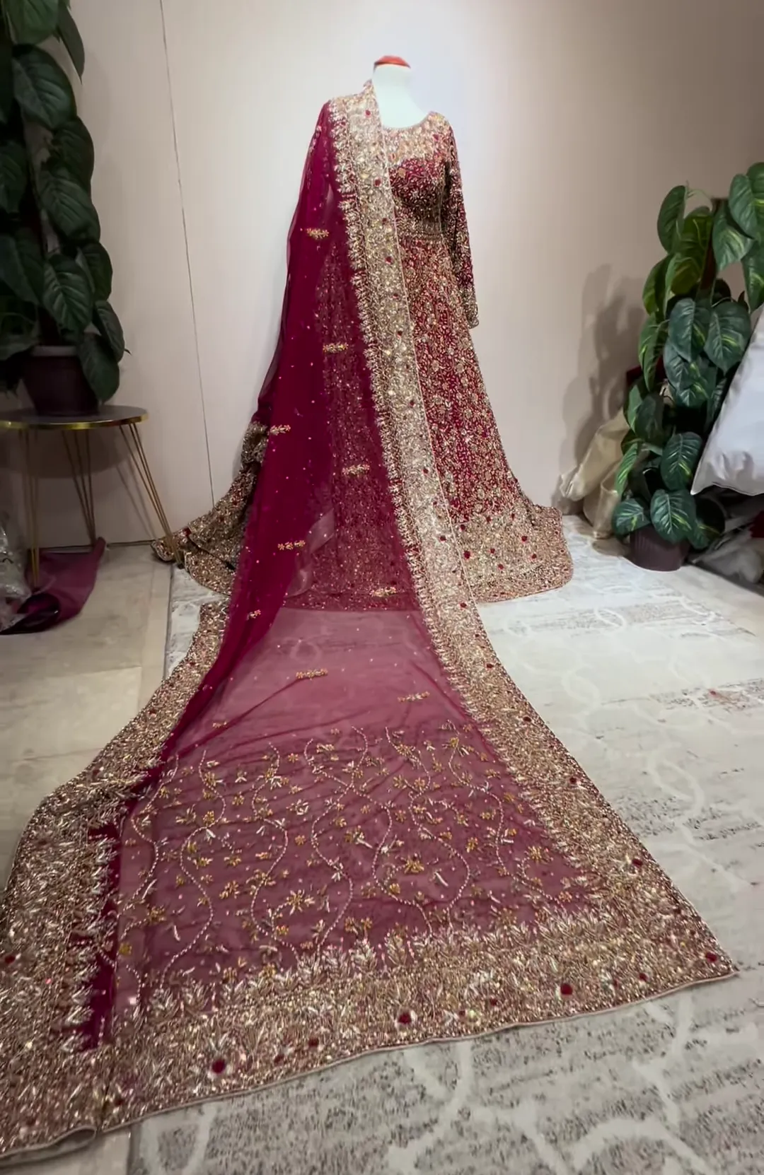 Pakistani Bridal Dress in Pishwas and Red Lehenga Style