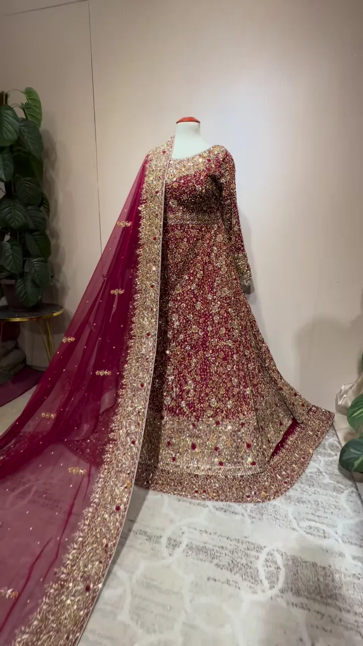 Pakistani Bridal Dress in Pishwas and Red Lehenga Style