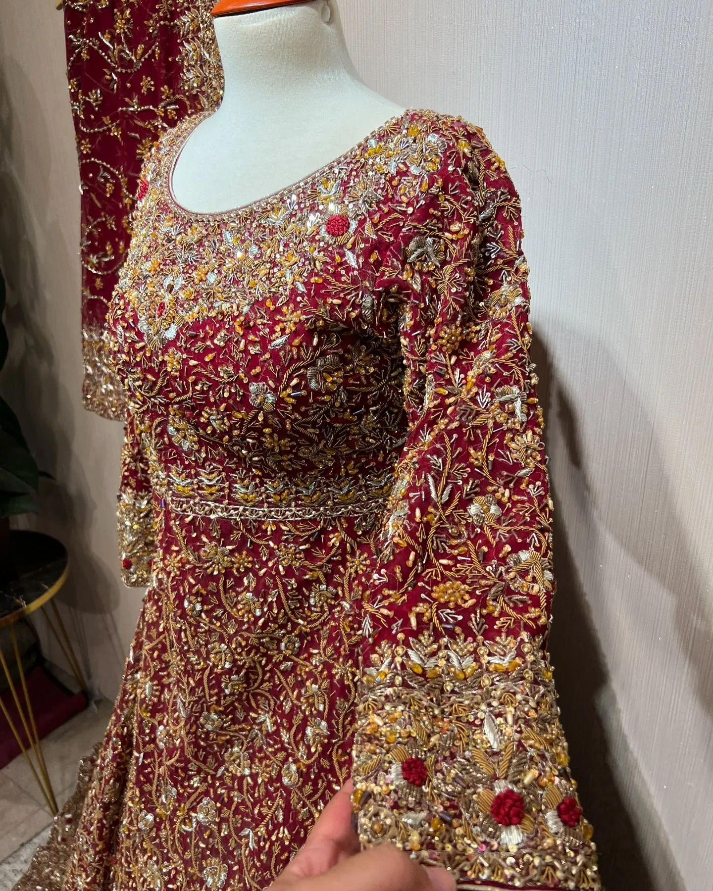 Pakistani Bridal Dress in Pishwas and Red Lehenga Style